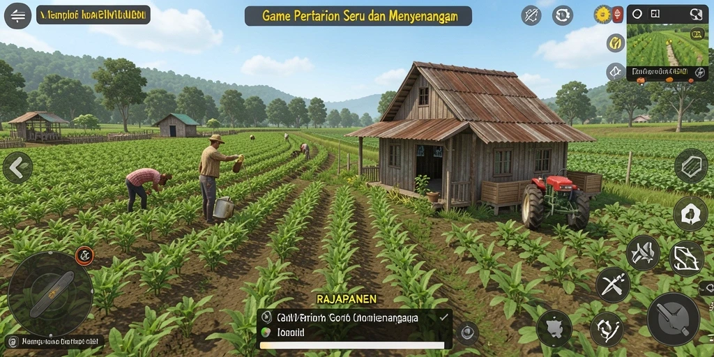 Screenshot gameplay RAJAPANEN menampilkan kehidupan pertanian yang ceria.