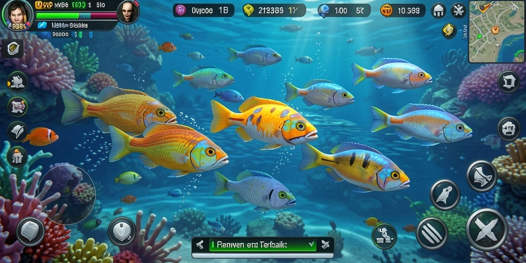 Screenshot gameplay WP888 dengan ikan yang berwarna-warni sedang ditembak.